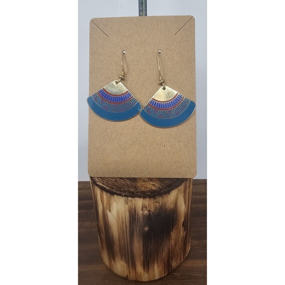 Vintage Laurel Burch Enamel 1" Dangle Earrings Mali Fan Turquoise Gold Tone